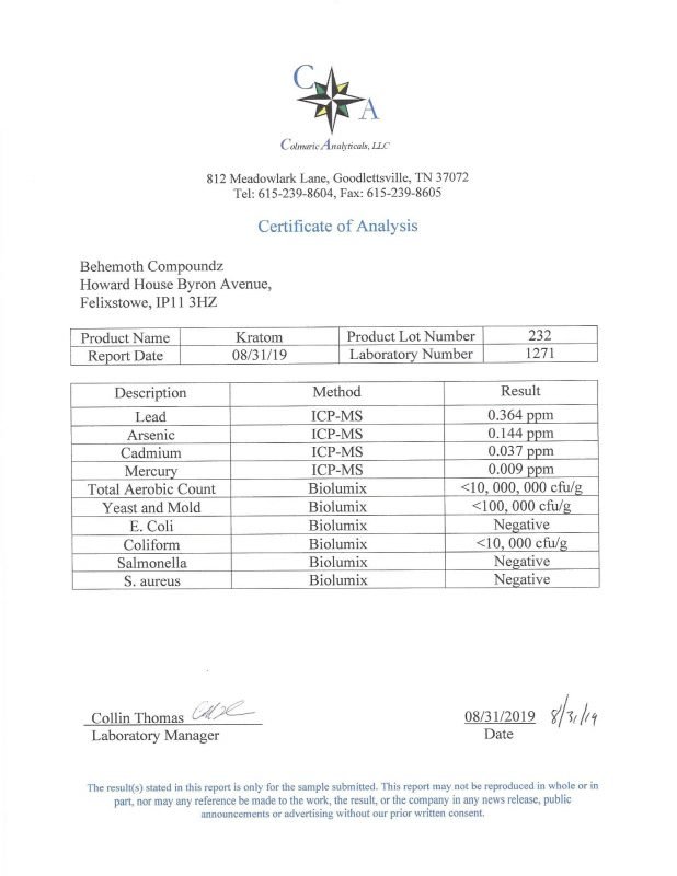 BEHEMOTH LABZ COA,Kratom