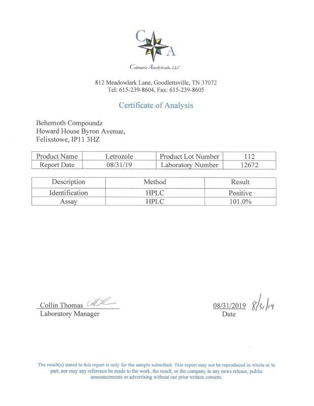 BEHEMOTH LABZ COA,Letrozole
